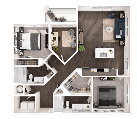 Floor plan for 2 beds, 2 baths, 1273 sqft